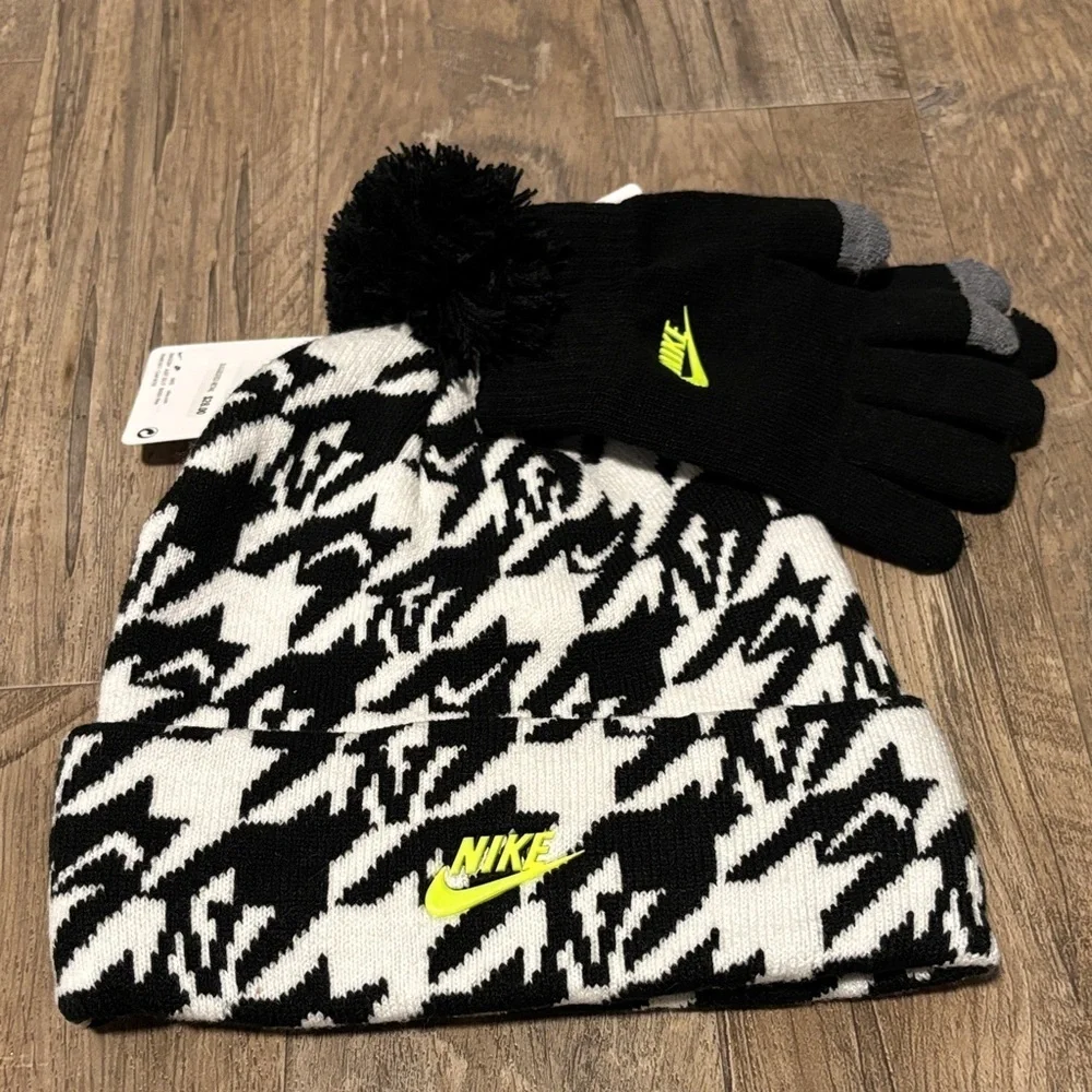 Nike 2pc. Knit Cuffed pom-pom beanie,touch screen gloves,pattern,neon green logo